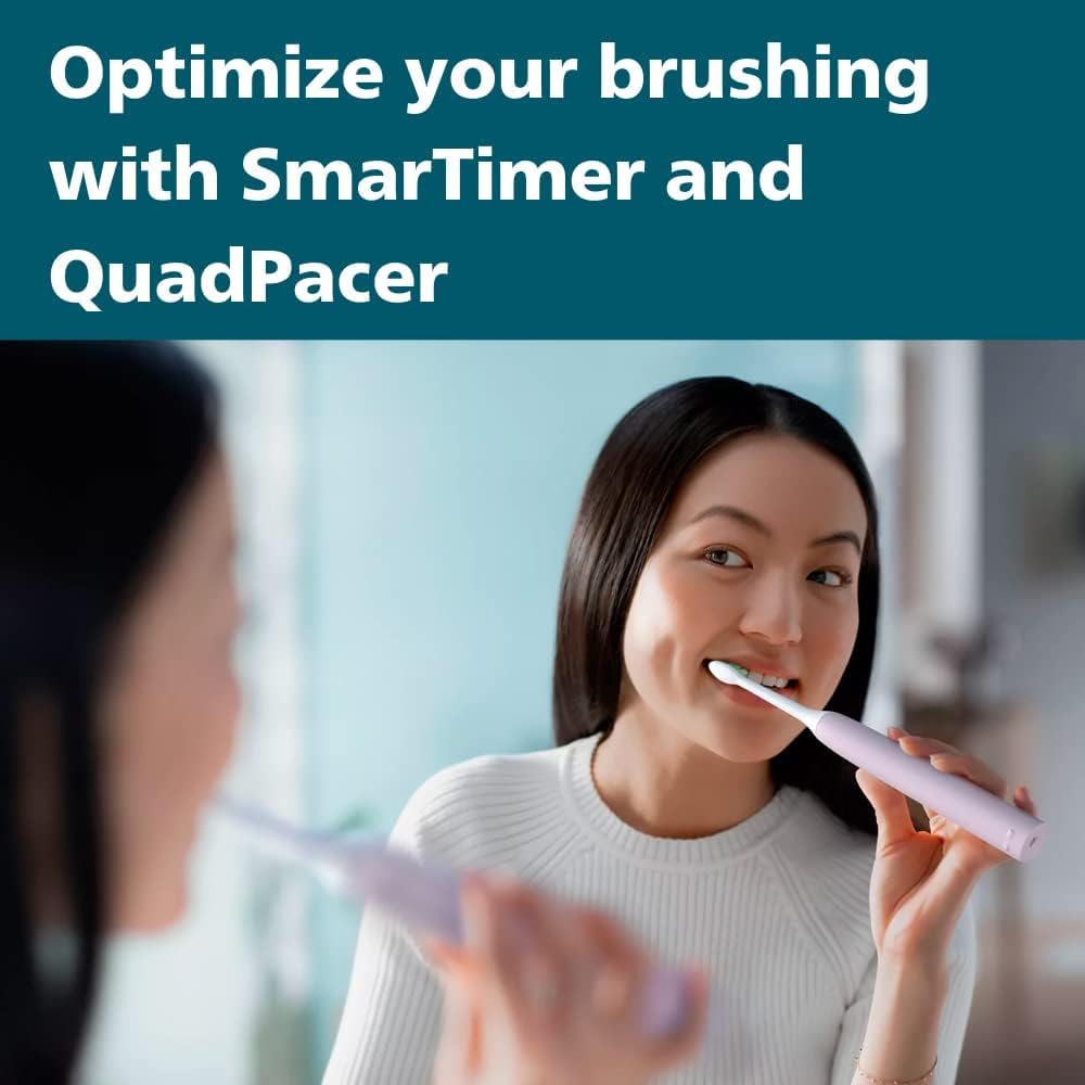 Philips Sonicare 2100 electric toothbrush with Sonic technology, QuadPacer and SmarTimer, 14-day battery life and slim egonomic design, blue and pink 2 pack