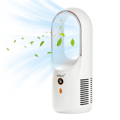 Hiluce Desk Fan Bladeless,6 Speeds 11.8 Inch Portable Office Fan, Battery USB Fans,Easy to Clean, Small Quiet Table Fan for Personal Bedroom Home Office Desktop, White