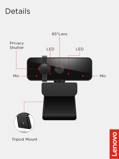 Lenovo Essential FHD Webcam Gen 2, Full HD, 1080p, Dual Microphones, 85 Degree FOV, 30 fps, USB-A Connection, Bulit-in Manual Privacy Shutter, Black