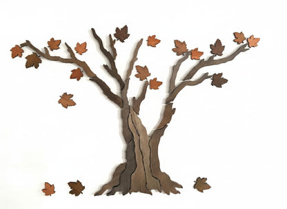 Handcrafted Wooden Maple Tree Wall Art - Large Rustic Tree Sculpture with Falling Leaves for Living Room, Above Sofa, Bedroom & Yoga Room, 59" x 39"