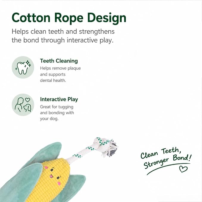 Green Sheep Interactive Plush Dog Toy, No Stuffing Squeaky Toy with Recycled Cotton Rope for Medium to Large Dogs, Corn