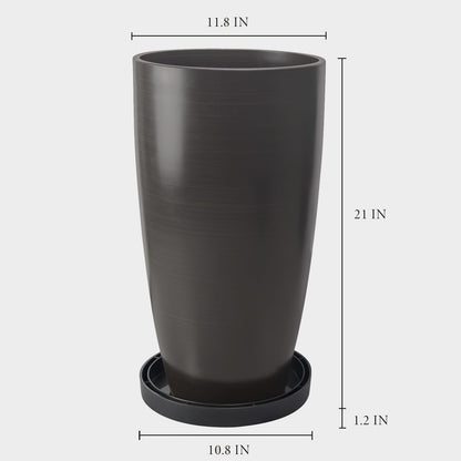 ZMTECH 21 Inch Tall Outdoor Planters Set of 2 Round Tall Plant Pots for Outdoor/Indoor with Shelf Inset, Dark Brown Glossy Smooth Finish - Large Plastic Pots with Drainage Holes for Front Porch Patio
