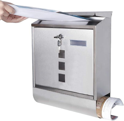 Decaller Stainless Steel Mailbox with Key Lock, Metal Wall Mount Rust-Proof Mail Box with Newspaper Compartment for Outside, 15.4" x 12" 4.8", 2203 Silver