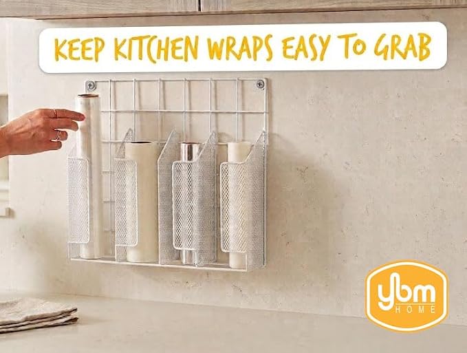 YBM HOME 4-Compartment Wall Mount Kitchen Storage Organizer Holder Basket Pantry Caddy Wrap Rack for Aluminum Foil, Sandwich Bags - White 2232