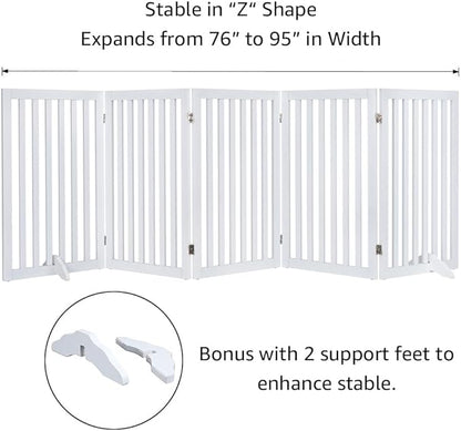 unipaws 36”H Free Standing Pet Gate for Dog and Cat, Tall Wooden Dog Gates for Doorway, Stairs, Doggy Room Divider, Foldable Pet Fence for The House, Expandable Doggy Barrier, Indoor Use, White