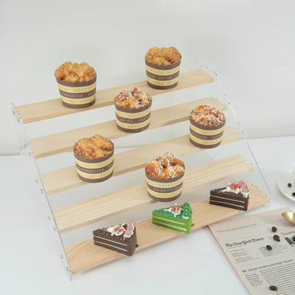 PACKGILO 2 Pack 5 Tier Acrylic Display Stand for Figures Wooden Risers Display Case for Craft Fair Acrylic Cupcake Stand for Dessert Table Top Jewelry Displays for Craft Shows Perfume Shelf (SMALL)