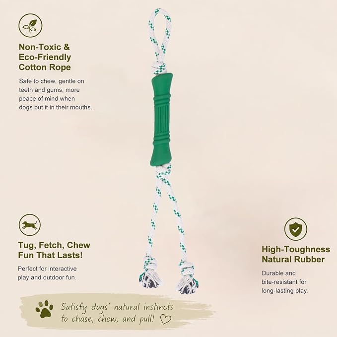 Green Sheep Tug & Enrichment Dog Toy, Interactive Rope Bone Toy with Removable Cotton Rope, Treat Dispensing Natural Rubber Dental Chew Toy for Medium and Large Dogs, Green
