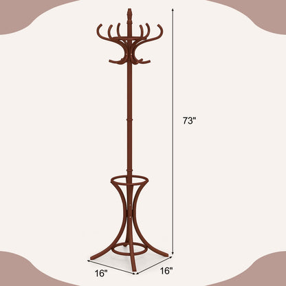 GOFLAME 73" Coat Rack Freestanding, Wooden Coat Tree with 12 Hooks and Umbrella Stand, Entryway Hall Tree, Hat Hanger Organizer, Coat Rack Stand for Coats, Hats, Scarves, Easy Assembly, Reddish Brown
