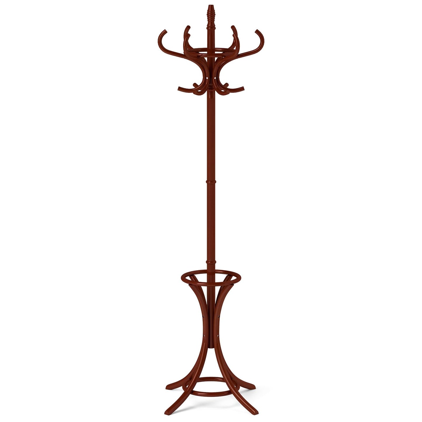 GOFLAME 73" Coat Rack Freestanding, Wooden Coat Tree with 12 Hooks and Umbrella Stand, Entryway Hall Tree, Hat Hanger Organizer, Coat Rack Stand for Coats, Hats, Scarves, Easy Assembly, Reddish Brown
