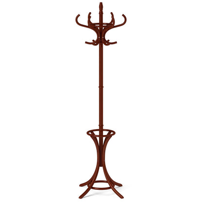 GOFLAME 73" Coat Rack Freestanding, Wooden Coat Tree with 12 Hooks and Umbrella Stand, Entryway Hall Tree, Hat Hanger Organizer, Coat Rack Stand for Coats, Hats, Scarves, Easy Assembly, Reddish Brown