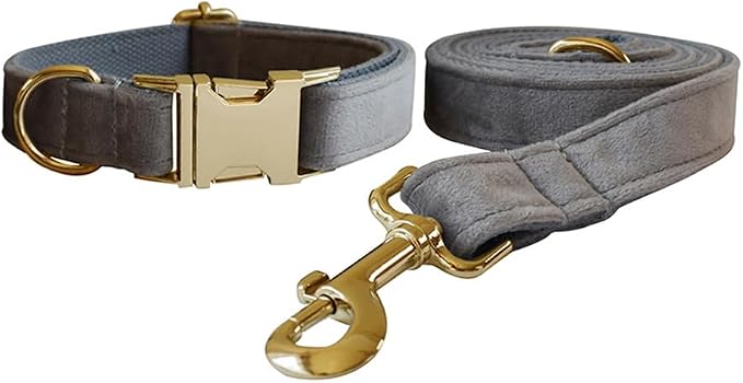 Love Dream Velvet Dog Collar and Leash Set, Soft & Comfy Adjustable Dog Leash and Collar with Heavy Duty Metal Buckle for Small Medium Large Dogs Training & Walking (Medium, Grey)