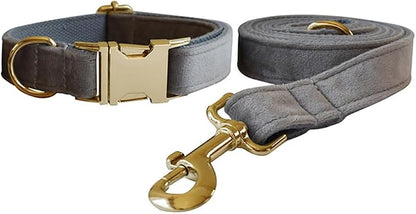 Love Dream Velvet Dog Collar and Leash Set, Soft & Comfy Adjustable Dog Leash and Collar with Heavy Duty Metal Buckle for Small Medium Large Dogs Training & Walking (Medium, Grey)