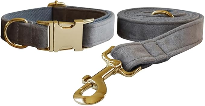 Love Dream Velvet Dog Collar and Leash Set, Soft & Comfy Adjustable Dog Leash and Collar with Heavy Duty Metal Buckle for Small Medium Large Dogs Training & Walking (Large, Grey)
