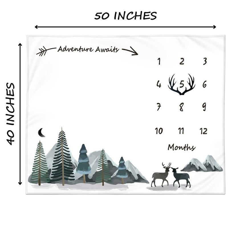 KEMINA BLANKETS Milestone Blanket for Baby Boy – Monthly Baby Blanket, Growth Tracker for Newborn, Woodland Nursery Decor, Mountain Adventure Theme, Includes Felt Frame, 50x40 Inches