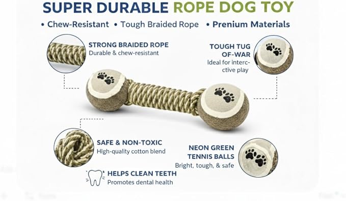 Dog Rope Toy (Pack of 2) with Tennis Balls – Durable Cotton Tug of War Dog Toy for Small, Medium & Large Dogs – Interactive Chew Rope Toy for Aggressive Chewers