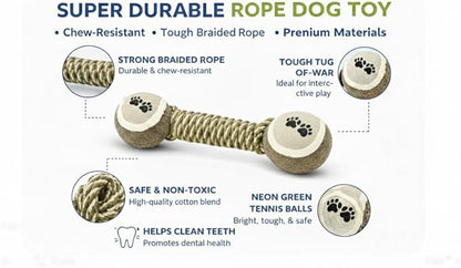 Dog Rope Toy (Pack of 2) with Tennis Balls – Durable Cotton Tug of War Dog Toy for Small, Medium & Large Dogs – Interactive Chew Rope Toy for Aggressive Chewers