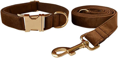 Love Dream Velvet Dog Collar and Leash Set, Soft & Comfy Adjustable Dog Leash and Collar with Heavy Duty Metal Buckle for Small Medium Large Dogs Training & Walking (Medium, Coffee)
