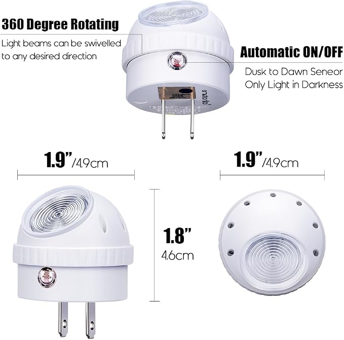 Emotionlite Plug-in Night Lights, Warm White LED Nightlight, 360° Rotation, Dusk to Dawn Sensor, Kids, Adult, Bedroom, Hallway, Bathroom,Kitchen, Stairways, Corridor, 4 Pack