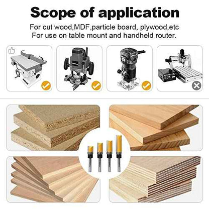 FivePears 4 PCS Pattern Flush Trim Router Bit Set 1/4 Inch Shank, Top Bearing Flush Cut Trim Router Bit for Woodworking, Cutting Diameter: 1/2", Cutting Length: 1/2", 3/4", 1", 1-1/2"