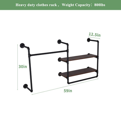 EDCB Industrial Pipe Wall-Mounted Clothing Rack with 2 Wood Shelves - Heavy Duty Double Rod Metal Garment Organizer for Bedroom/Retail Stores, Black (30H×12.5D×59W inch)