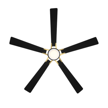 Rotary Indoor and Outdoor 5-Blade 65in Smart Home Ceiling Fan in Matte Black Soft Brass with 2700-3000-4000-5000K Selectable LED Light Kit and Remote Control works with iOS or Android WAC App