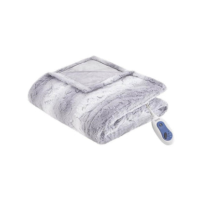 Beautyrest Zuri Reversible Faux Fur to Mink Electric Blanket, Auto Shut Off, Virtually Zero EMF, Multi Heat Setting, UL Certified, Machine Washable, Natural Marble Throw 50x70