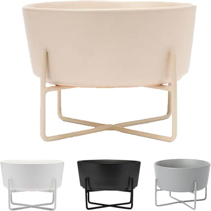 Waggo Simple Solid Dog Bowl and Dog Bowl Stand - Single Iron Stand with Single Ceramic Feeder or Water Bowl (Matte Buttercream, Large)