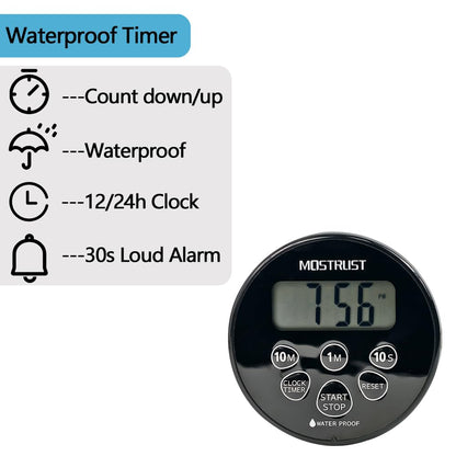 MOSTRUST Digital Waterproof Shower Clock Timer, Bathroom Kitchen Countdown Cooking Timer with Alarm, Magnetic Back, Stand Dark Black