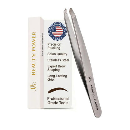 Beauty Power Slant Tip Precision Tweezers - Stainless Steel Eyebrow Tweezers for Women & Men - Precision Tweezers for Facial Hair, Ingrown Hair & Brow Shaping - Professional Beauty Tool (Grey)
