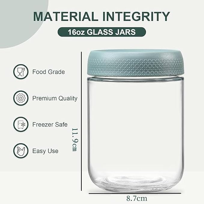Overnight Oats Containers with Lids, 6 Pack Wide-Mouth Glass Food Storage Jars, 16oz Mason Jar Style Containers Perfect for Yogurt, Oatmeal, Fruit, Snacks and Meal Prep