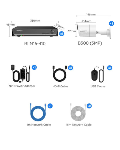 REOLINK 16CH 5MP Home Security Camera System, 8pcs Wired Outdoor PoE IP Cameras with Smart Detection, 8MP 16CH NVR with 4TB HDD for 24-7 Recording, High Bitrate & Clear Stream, RLK16-410B8-5MP