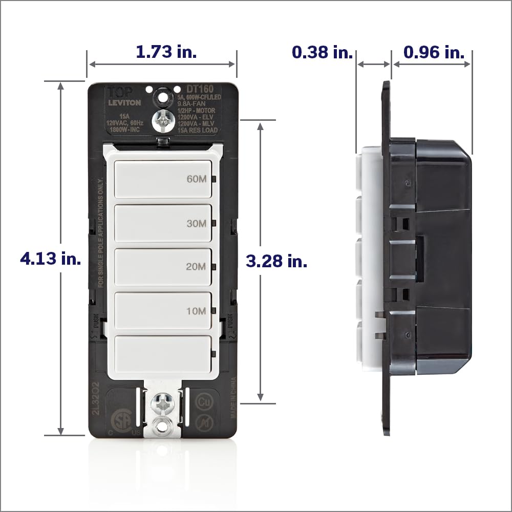 Leviton Countdown Timer Switch for bathroom fan and household lights, 5-10-15-30 min, No Neutral Required, Single Pole, 15A, 1/2 HP/9.8A Fan/Motor, DT130-1LW, White