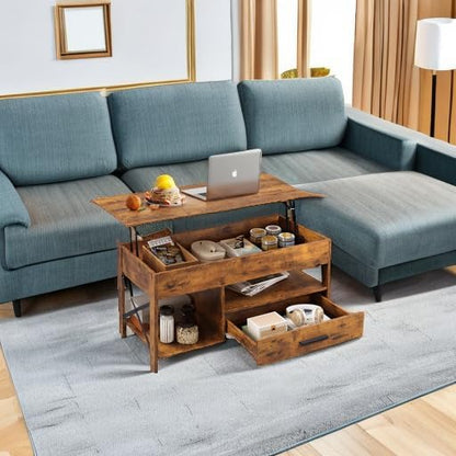 WLIVE Coffee Table, 39" Lift Top Coffee Table with Storage Drawers and Hidden Compartment for Living Room, Retro Central Table with Wooden Lift Tabletop Reception Room, Rustic Brown