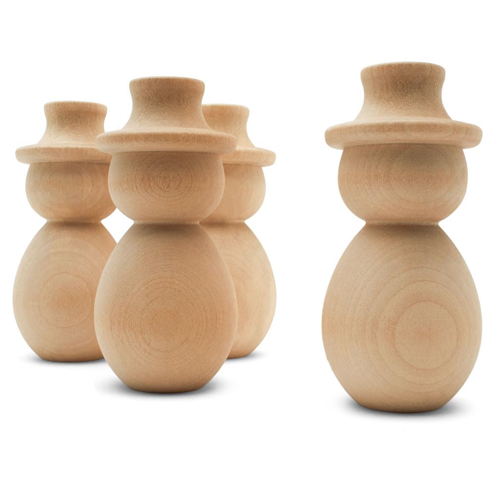 Unfinished Wood Snowman Shelf Sitter, 4-1/4 inch Pack of 5, Snowman Figurine for Holiday Décor, Large Snowman Pegdoll, by Woodpeckers