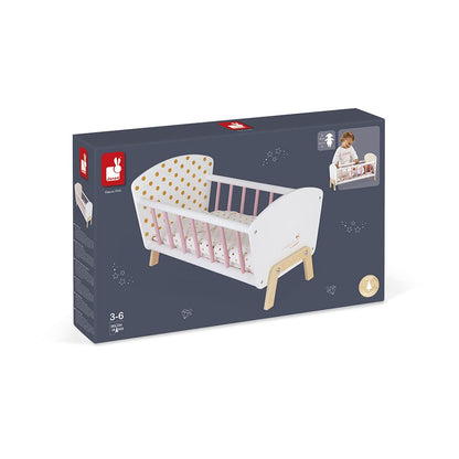Janod - Candy Chic Doll's Bed Wooden Baby Doll Cradle Ages 3+ - Engaging in Imaginative Play - Stylish Design - Durable Construction and Safe Materials - Includes Bedding