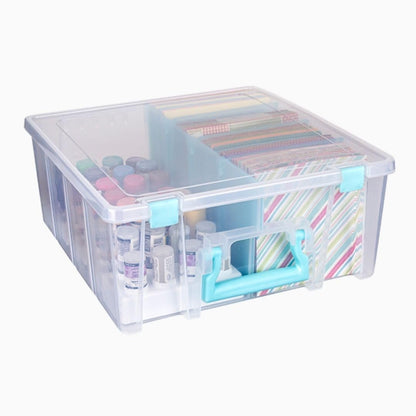 ArtBin 6990SA Super Satchel Double Deep Compartment Box - Art Storage with 8 Removable Compartments, Smart Closure for Craft Supplies (Clear & Aqua- Pack of 1)