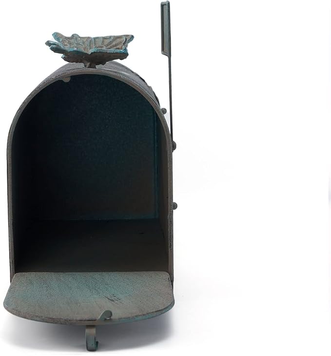Heavy Duty Galvanized Steel Mailbox Post, Rural Mail Box Postal Storage Box with Butterfly Decoration (Vintage Green)