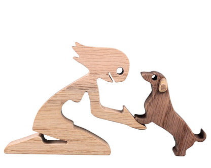 Wooden Girl & Dachshund Dog Statue Natural or Dark-Aged Oak Figurine Handcrafted Woman & Dachshund Dog Collectible Sculpture Personalized Engraved Gift Box Wooden Animal Ornament Rustic Oak Statue