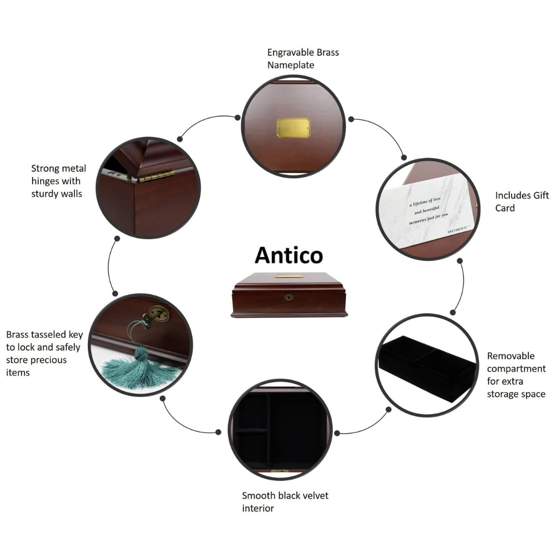 Decorebay Antico Wooden Lockable Memory and Treasure Box for Keepsakes, Photos, Letters, Jewelry and More
