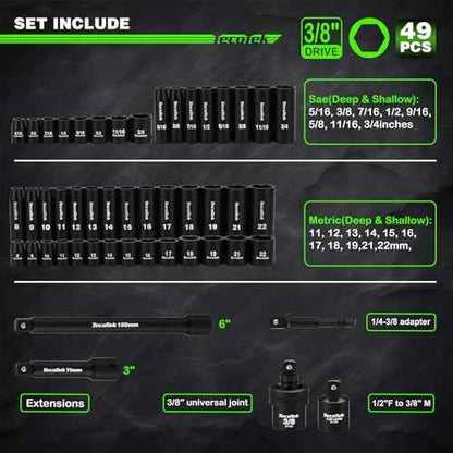 3/8" Drive Impact Socket Set, 49-Piece SAE (5/16"-3/4") and Metric (8mm-22mm), 6 Point, Cr-V, Extension Bars, 1/2" F to 3/8" M Reducer, Universal Joint and Power Drill Adapter