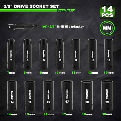 14 Pieces 3/8-Inch Drive Impact Socket Set, 12-Point, Metric, Deep, CR-V, 7mm to 19mm, Drill Socket Adapter 3/8"