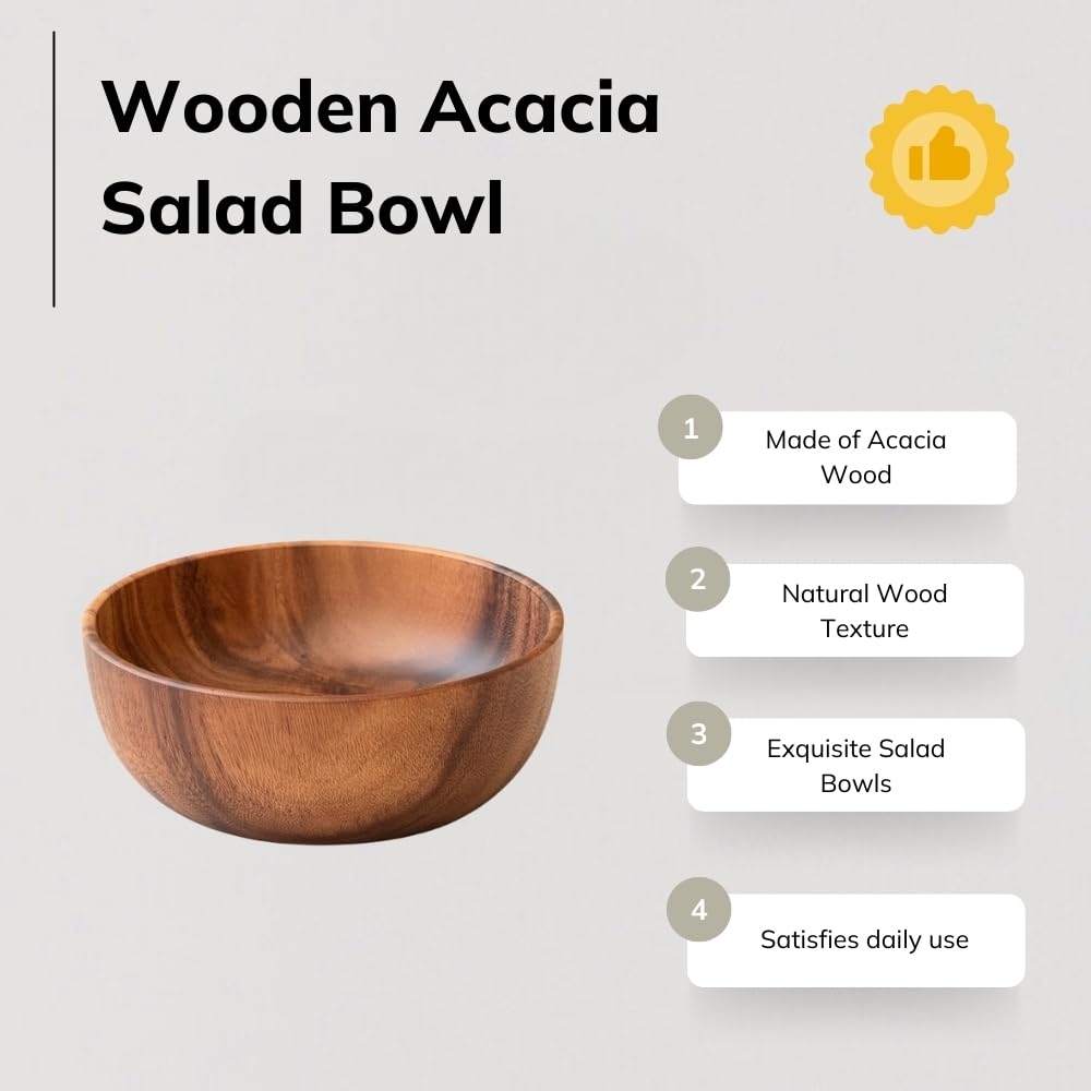 WENSHUO Acacia Wooden Serving Bowls,Serving Bowl for Fruits or Salads, Single Bowl (7.87" D × 2.95" H) 40.5 oz