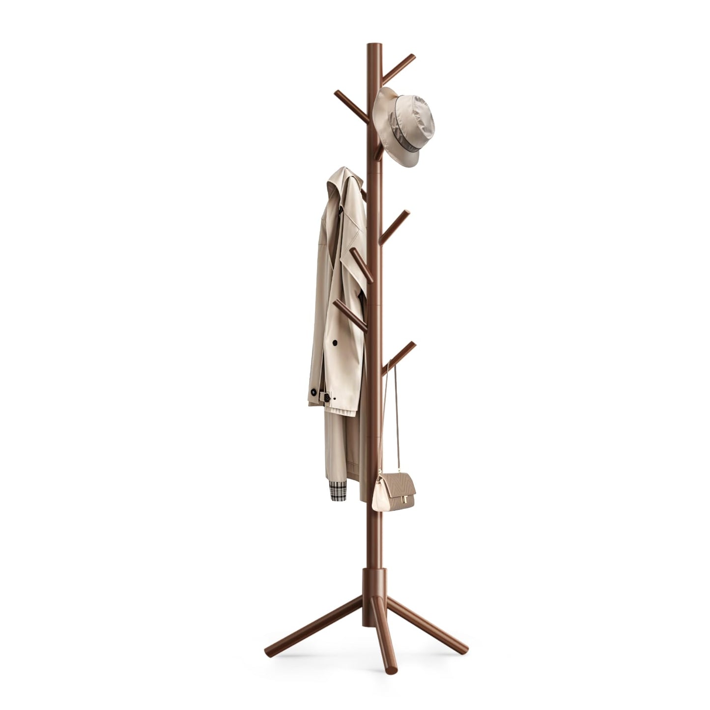 OUTGAVA Wooden Coat Rack Freestanding with 8 Hooks,Easy Assembly New Zealand Pine Tree Coat Racks, 3 Adjustable Sizes for Clothes, Hats, Bags, for Entryway, Hallway, Bedroom, Office (Brown, 1 PC)