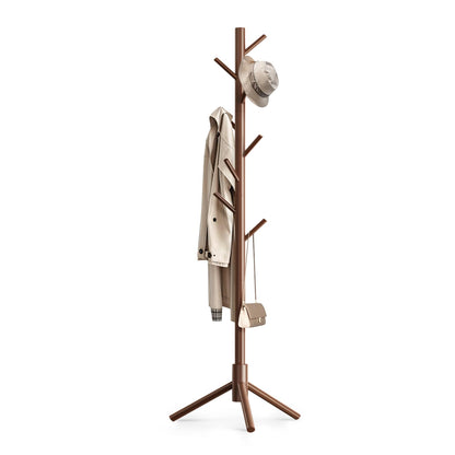 OUTGAVA Wooden Coat Rack Freestanding with 8 Hooks,Easy Assembly New Zealand Pine Tree Coat Racks, 3 Adjustable Sizes for Clothes, Hats, Bags, for Entryway, Hallway, Bedroom, Office (Brown, 1 PC)