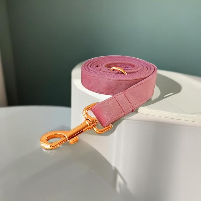 Love Dream Velvet Dog Collar and Leash Set, Soft & Comfy Adjustable Dog Leash and Collar with Heavy Duty Metal Buckle for Small Medium Large Dogs Training & Walking (Medium, Pink)