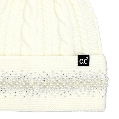 C.C Pearl Rhinestone Embellishment Beanie with Fur Pom for Women - Wool Stretchable Soft Warm with Faux Fur Pom Knit Winter Skully Hat