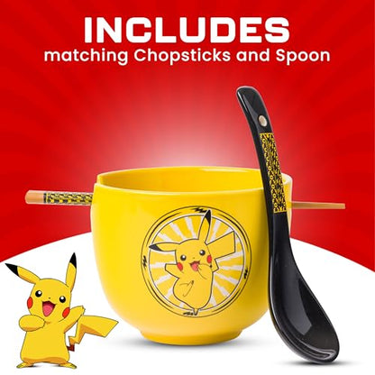 Silver Buffalo Pokemon Pikachu Electric Ceramic Ramen Noodle Rice Bowl with Chopsticks and Spoon, Microwave Safe, 20 Ounces