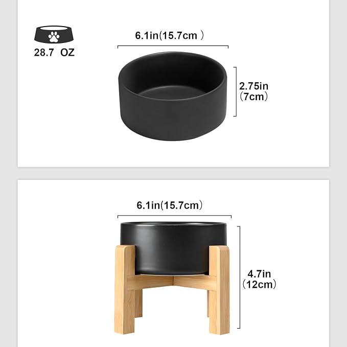 SPUNKYJUNKY Ceramic Elevated Dog Bowls 2 Pack - 6.1inch Raised Dog Bowls with Non-Slip Wooden Stand for Medium Dogs Dishwasher Safe(Black,28.7OZ*2)