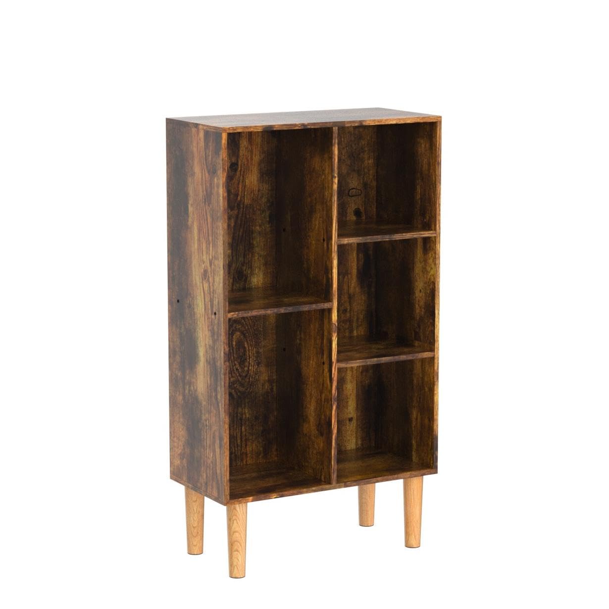 LEYAOYAO 5 Cube Small Bookshelf,3 Tier Mid-Century Bookcase with Legs,Wood Bookshelves Storage Organizer Shelf,Narrow Book Shelves,Brown Bookcases