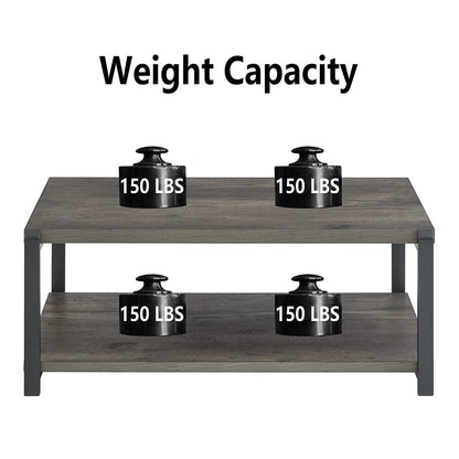 EXCEFUR Coffee Table with Storage Shelf, Rustic Wood and Metal Cocktail Table for Living Room, Grey